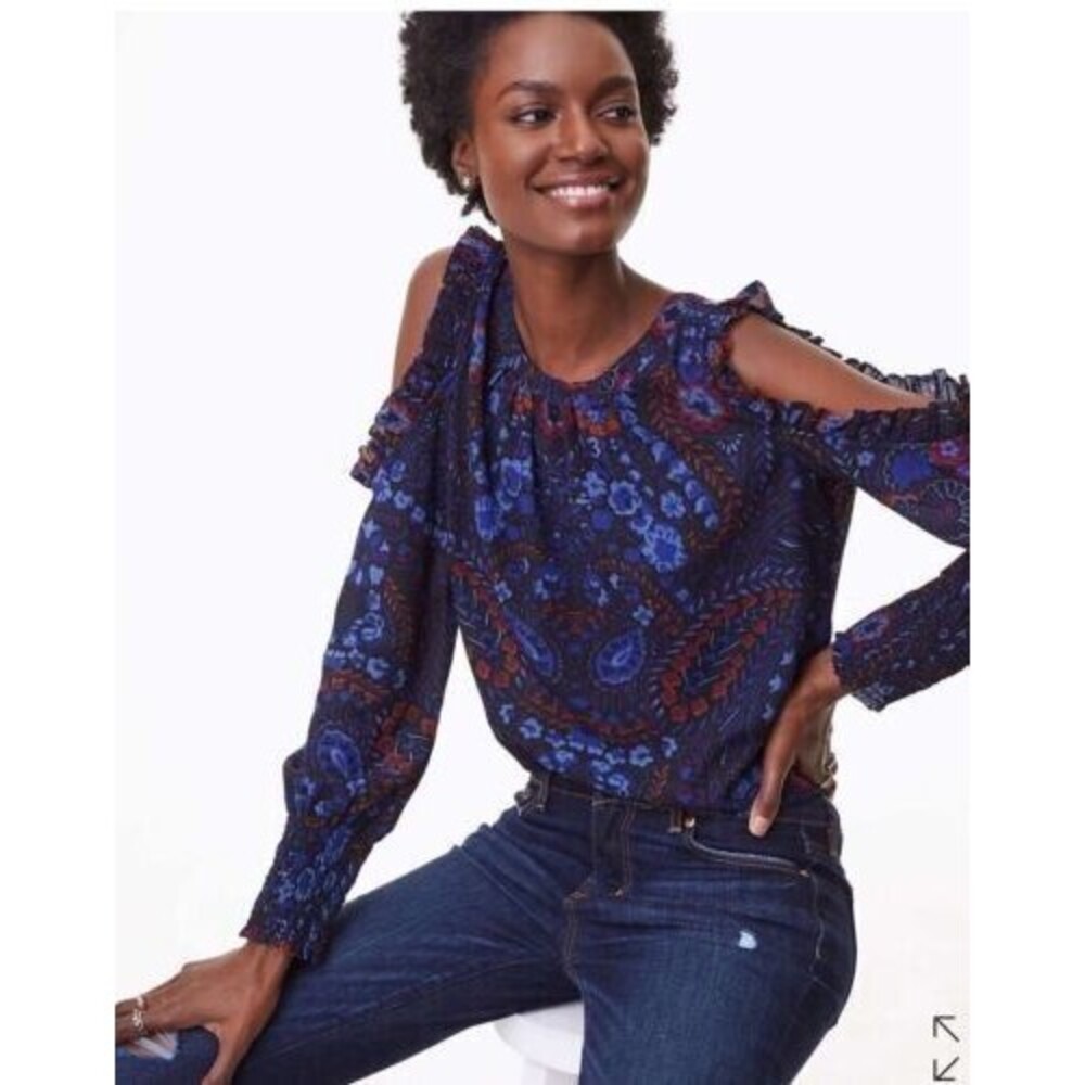 Ann Taylor Loft Paisley Ruffle Smocked Cold Shoulder Top Size Medium NWT